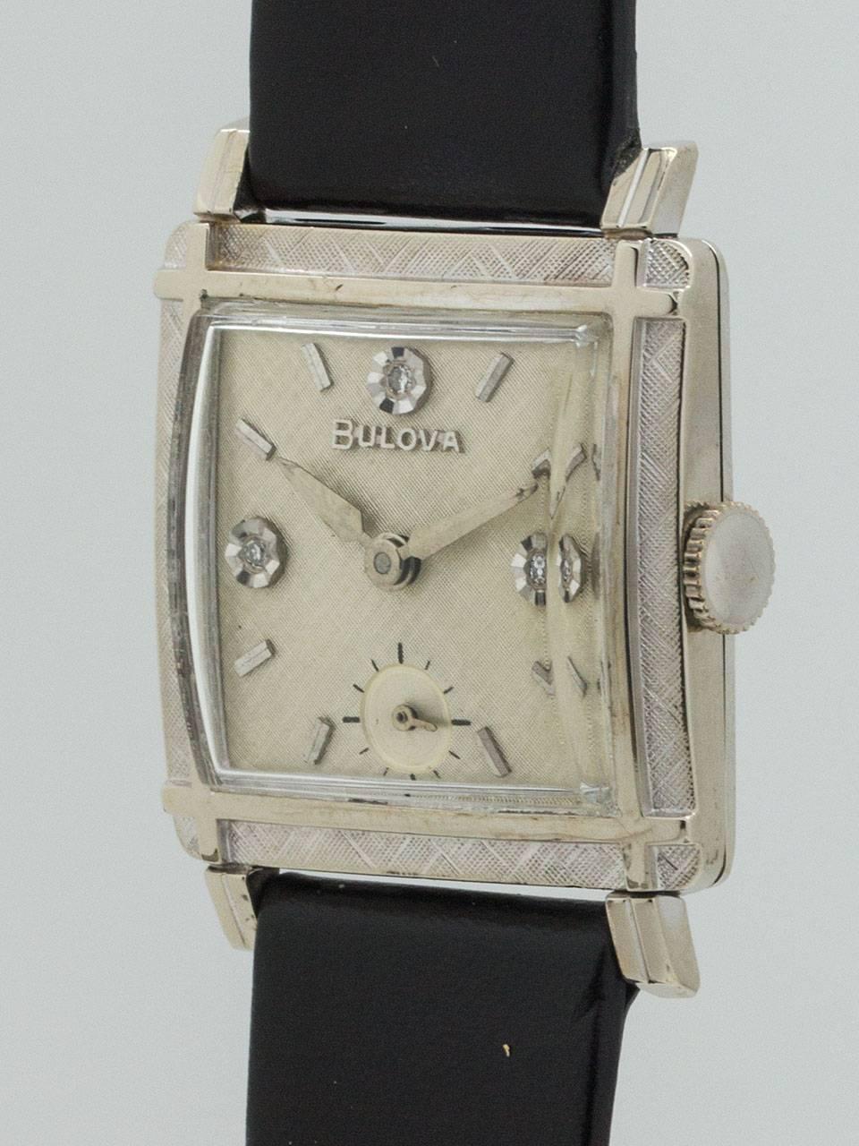 Bulova White Gold Diamond Florentine Bezel Manual Wristwatch, circa 1960 In Excellent Condition In West Hollywood, CA