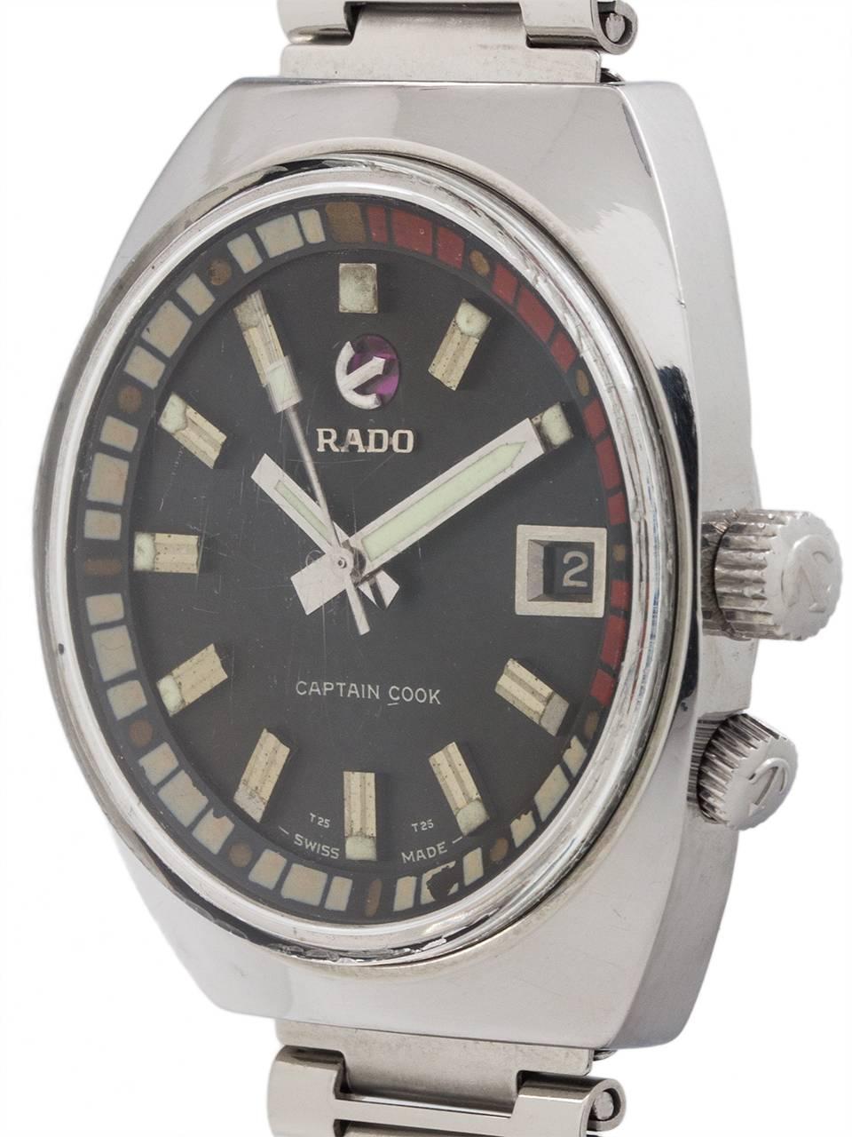 
Rado “Captain Cook” circa 1970's. Featuring a 40mm stainless steel bullhead shape case with acrylic crystal. Original black dial with swinging anchor affixed at 12 o'clock above “RADO”, with a black date window at 3 o'clock. Maybe the most