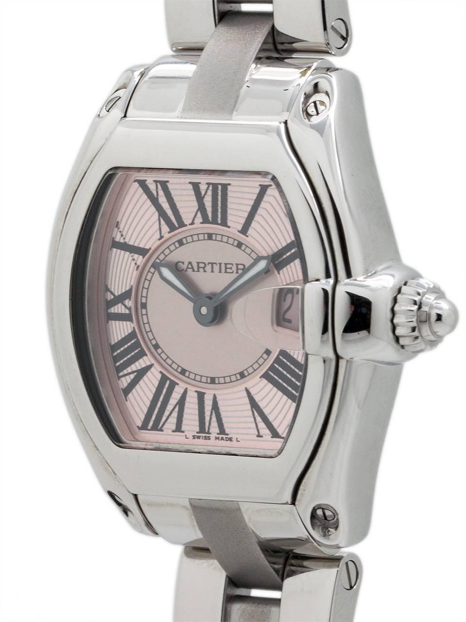 
Cartier lady Roadster Breast Cancer limited edition circa 2008. Featuring 31 x 37mm toneau shaped case with sapphire crystal and date at 3 o’clock. With classic stretch Roman figures dial, with 2 tone pink dial with inner breast cancer ribbon