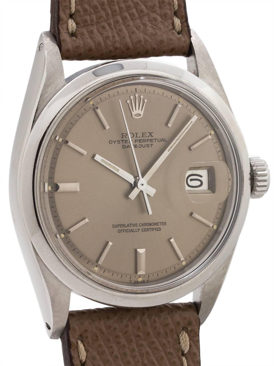Rolex stainless steel Datejust Smooth Bezel Taupe Dial wristwatch, circa 1971 In Excellent Condition In West Hollywood, CA