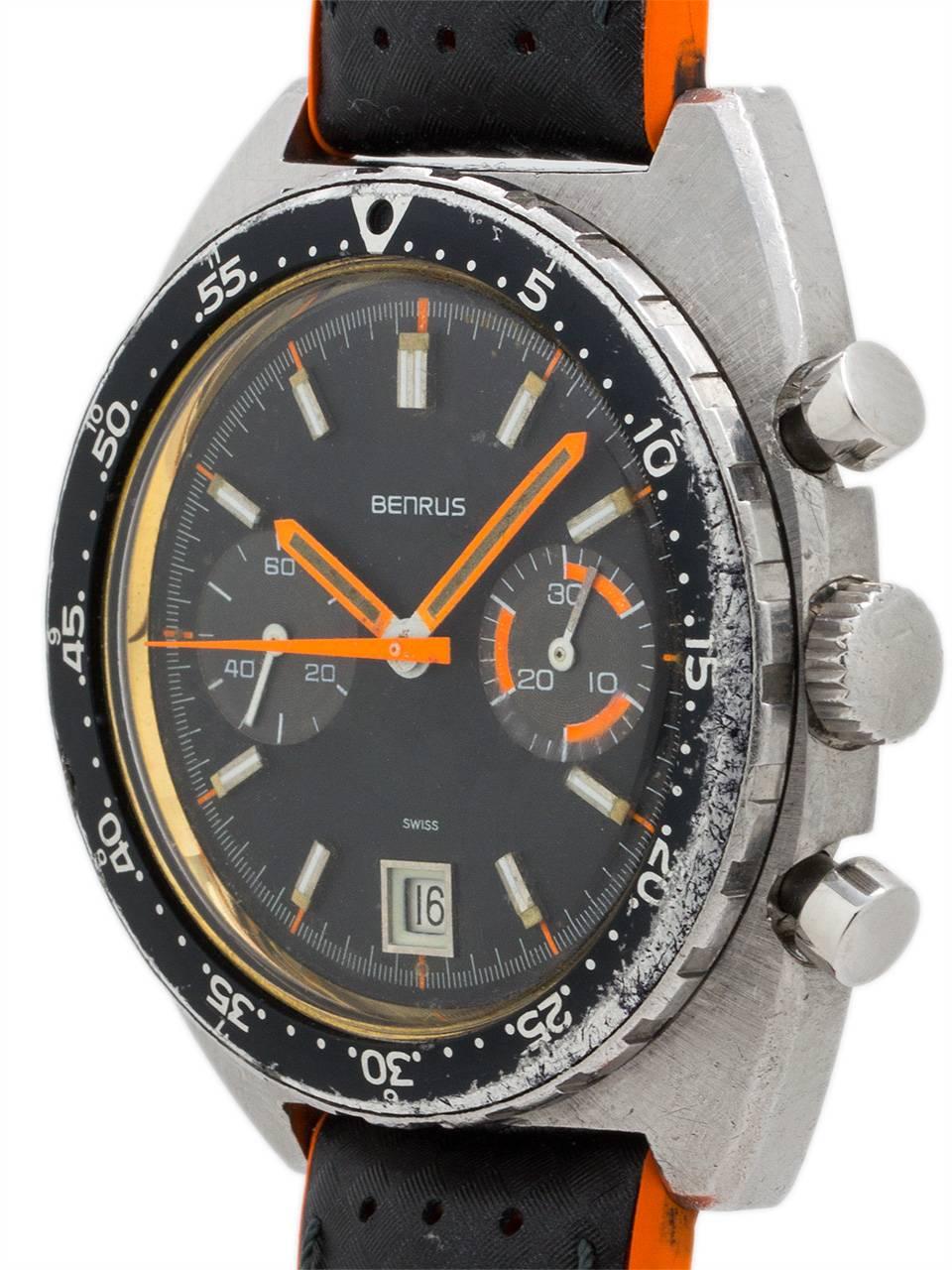 
Very interesting Benrus manual wind “poor man’s Dato Autavia model same 73463 case reference # as the Heuer Autavia, powered by Valjoux 7734 movement, and with original black dial with orange accents as the similar Heuer model. Jeff Stein, in his