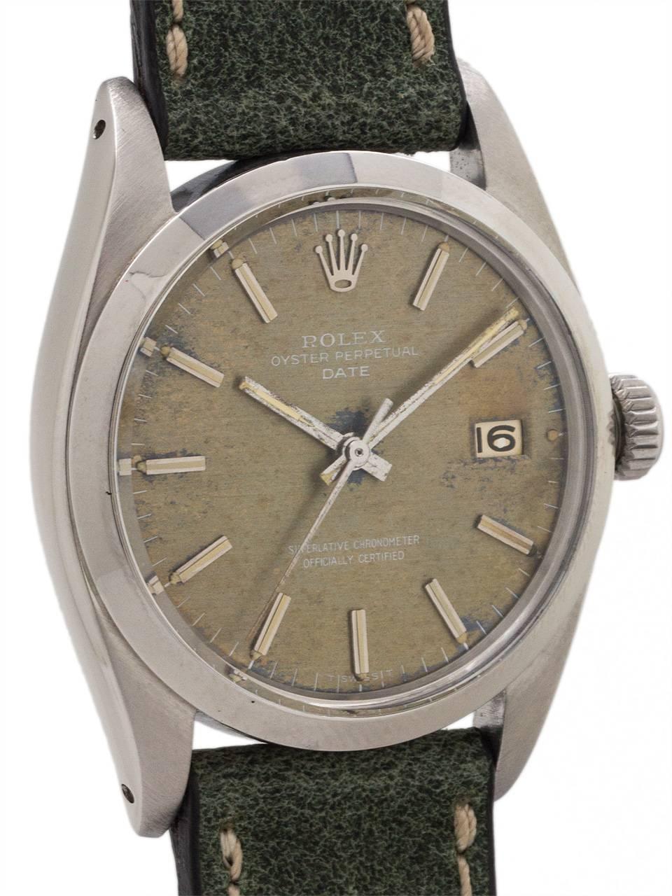 
Rolex Stainless Steel Oyster Perpetual Date ref 1500 serial #1.3 million circa 1966. 34mm diameter Oyster case with smooth bezel and acrylic crystal. Featuring a “distressed” original dial that has turned to a weathered, silver green hue. Dial