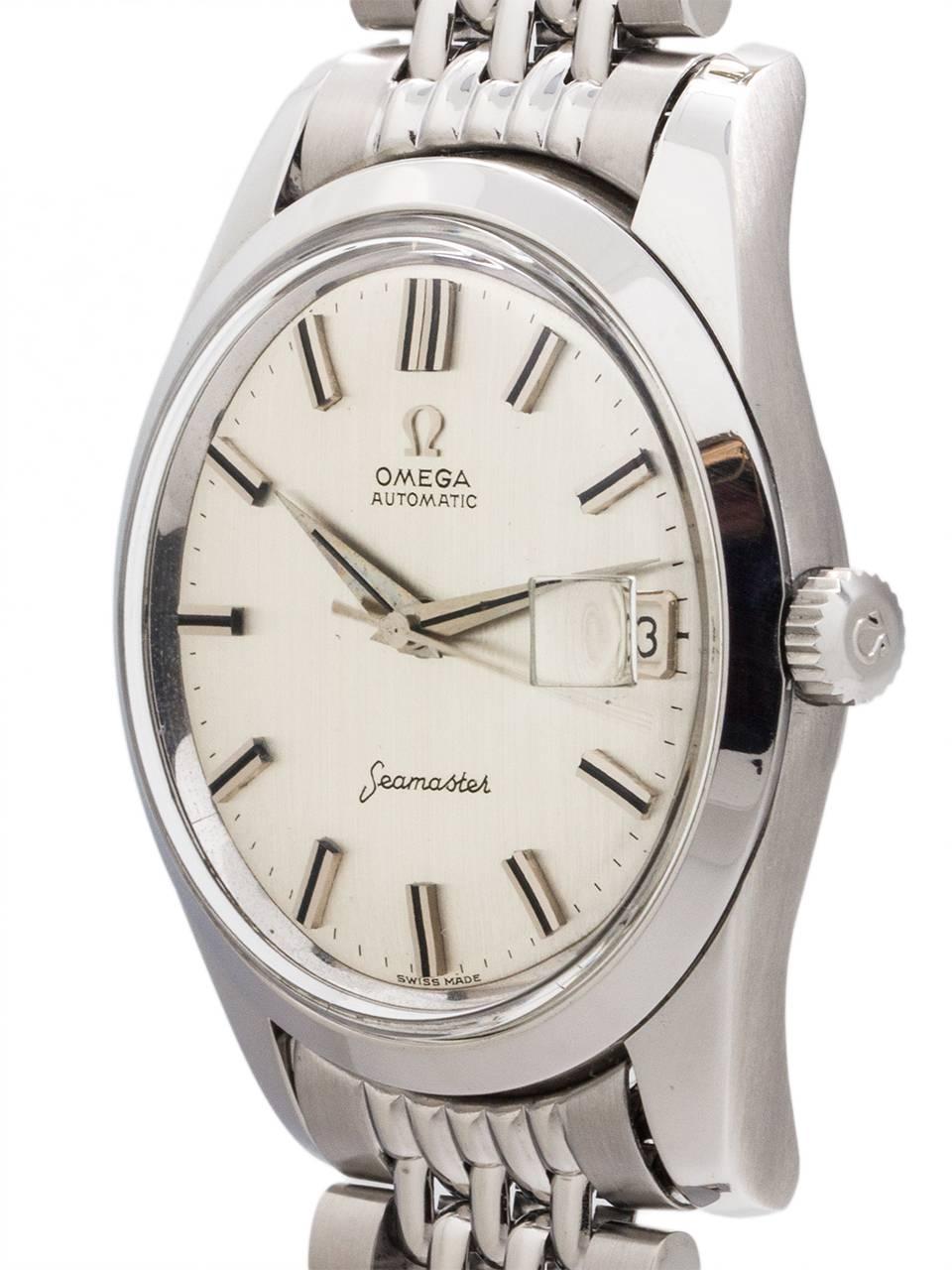 
Omega Seamaster automatic stainless steel ref# 166 010 serial #19 6 million circa 1962. Featuring a robust 35 X 42mm case with screw down back with deeply embossed seamonster logo, heavy design lugs, acrylic crystal, and with very pleasing original