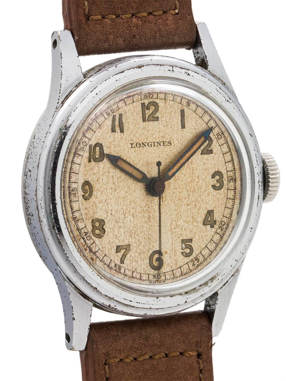 
Vintage Longines stainless steel back, chromium plated top manual wind dress model circa 1940’s. Featuring 33 X 41mm diameter case, which is in remarkable original condition, with screw down caseback, heavy, down turned lugs, and very nicely