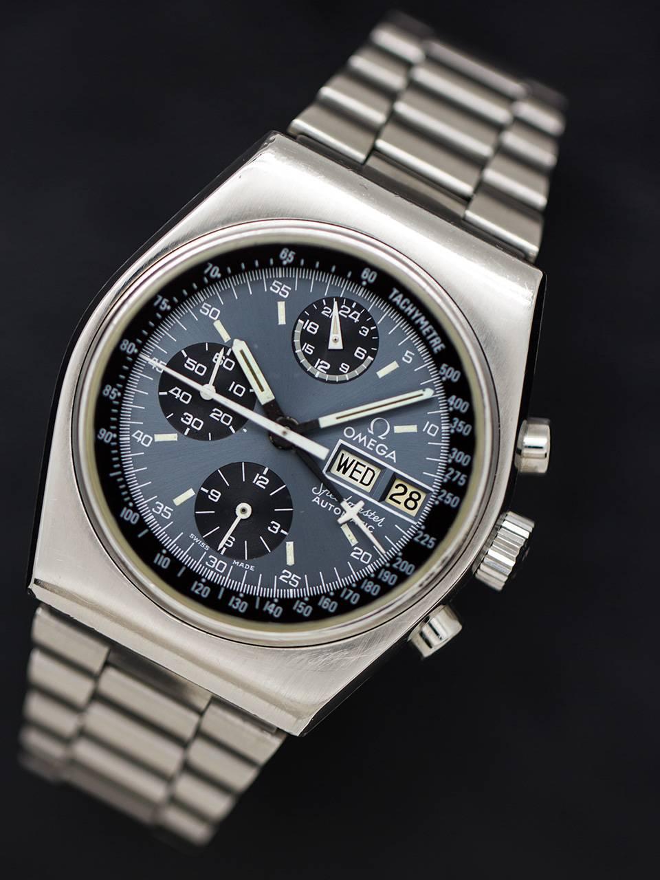 Omega stainless steel Speedmaster automatic chronograph ref 1760016 circa 1970’s. Flat and thick tonneau shaped flat walled 40 X 45mm case with raised bezel and screw down back with engraved Seamonster logo. Featuring a 2 tone gray original dial