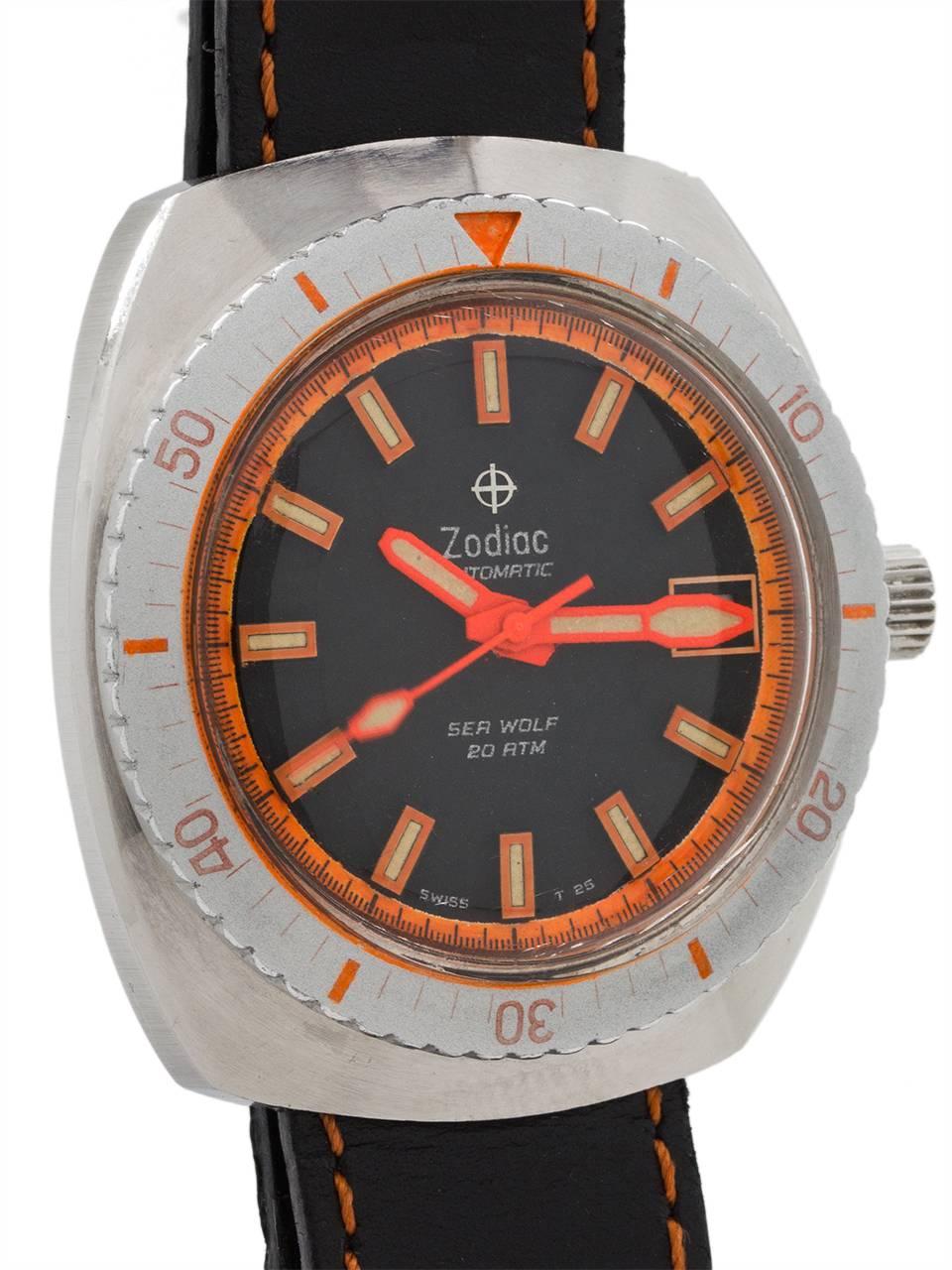 
An extremely nice condition example vintage Zodiac Sea Wolf, classic diver’s model circa 1970’s. Featuring large 43.5mm tonneau shaped case with screw down back and correct Zodiac cross hair screw crown. With silver and orange elapsed time bezel,