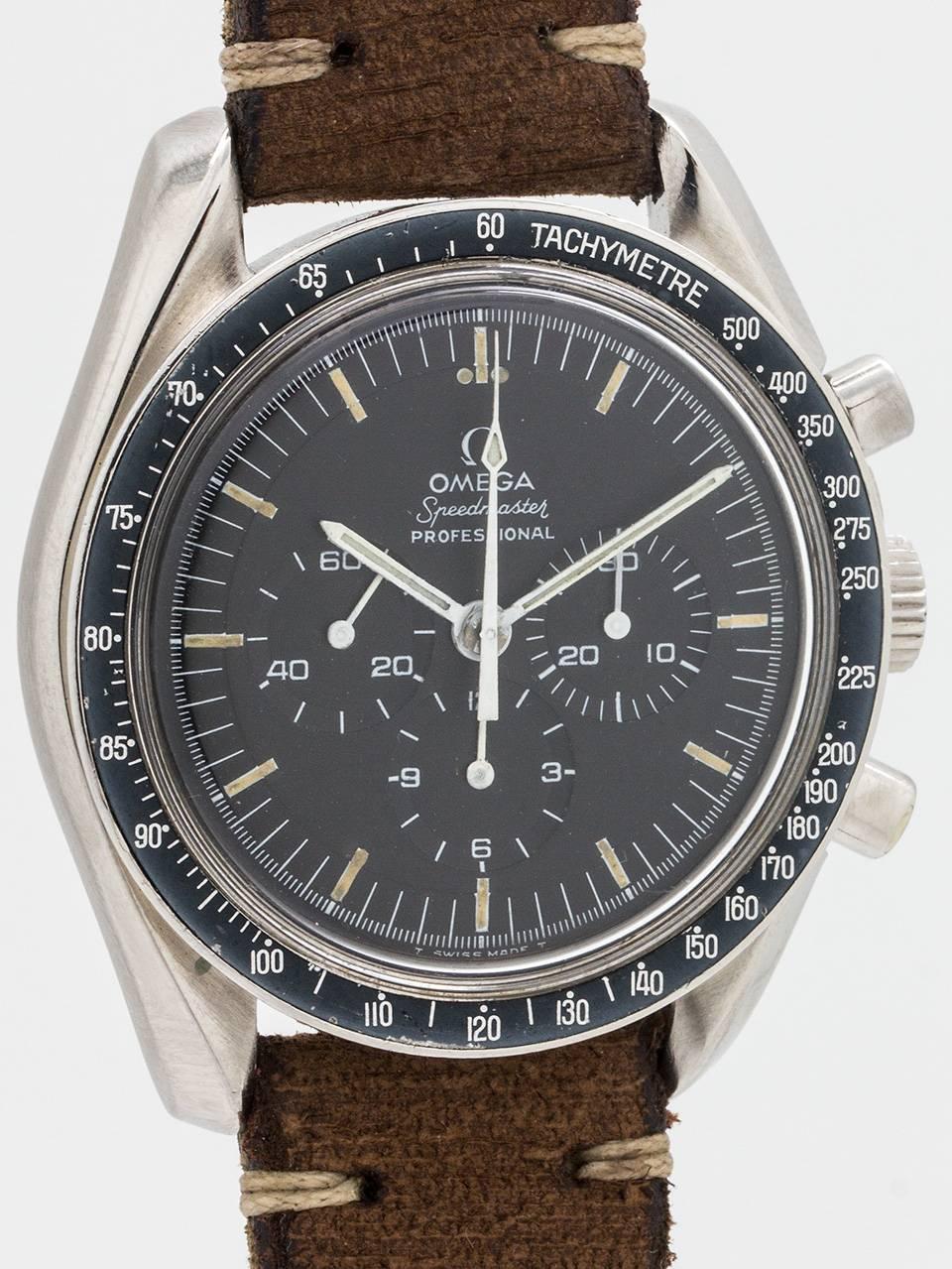 
Omega Speedmaster Pre Man on the Moon model ref 145.022-69 model circa 1969. Featuring a very pleasing condition original matte black, pie pan dial with aged luminous indexes and closely matching hands. With Omega logo crystal and evenly faded dot