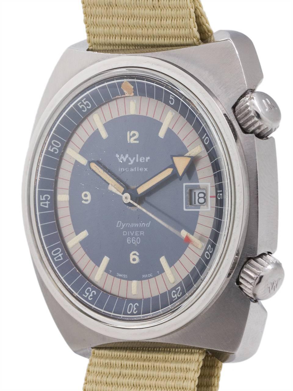 
Wyler stainless steel diver’s 660 “Dynawind” super compressor circa 1960’s, great condition bowed tonneau shaped case with screwed back, dual crowns, top crown to advance inner rotating bezel. Beautiful condition original “target” pattern dial with