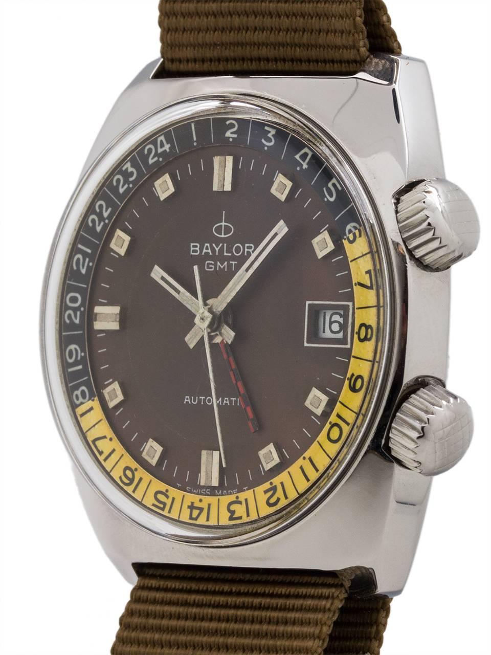 
1970’s Baylor Diver. in stainless steel on a NATO style strap. The color scheme may be the most interesting thing about this funky 1970’s diver. With a tricolored layout in black, brown, and yellow, this Baylor catches the eye and the 36mm cushion