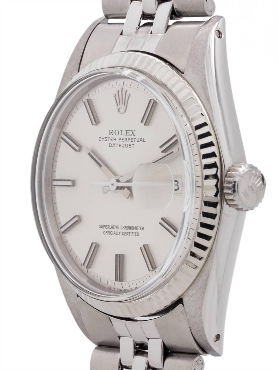 
Rolex Stainless Steel Datejust ref# 1601 serial# 3.3 million circa 1972. Featuring a 36mm diameter case with 14K white gold fluted bezel and acrylic crystal, and with beautiful original silver satin “Sigma” pie pan dial with distinctive applied