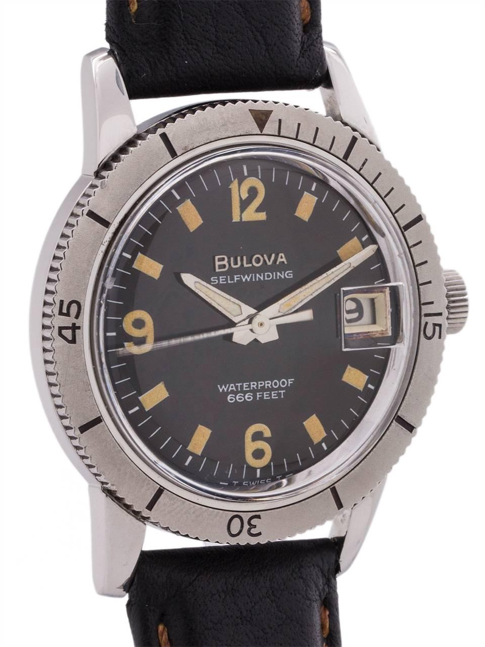 
Bulova diver’s model stainless steel ref 386-1 circa 1960s. Featuring a 34mm diameter case with rotating elapsed time bezel, an especially beautiful original gloss black dial with richly patina’d luminous indexes and matching patina’d shovel style