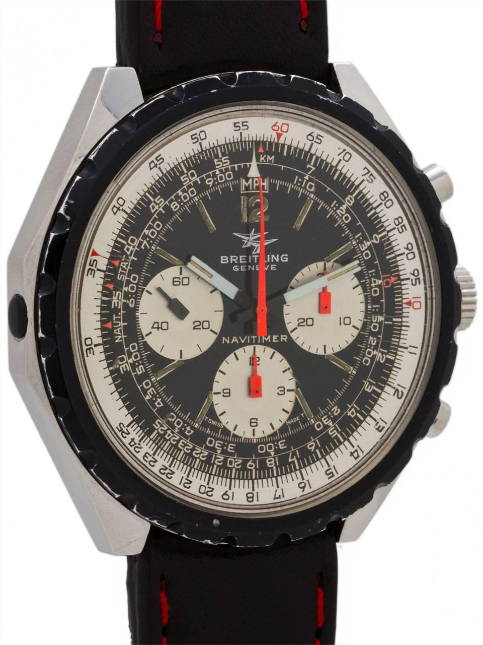Breitling Stainless Steel massive 46 x 48mm diameter Navitimer ref 816 circa 1967. Scarce manual wind version  powered by Venus calibre 178 3 registers manual wind movement. Featuring a very pleasing black original dial with silver registers,