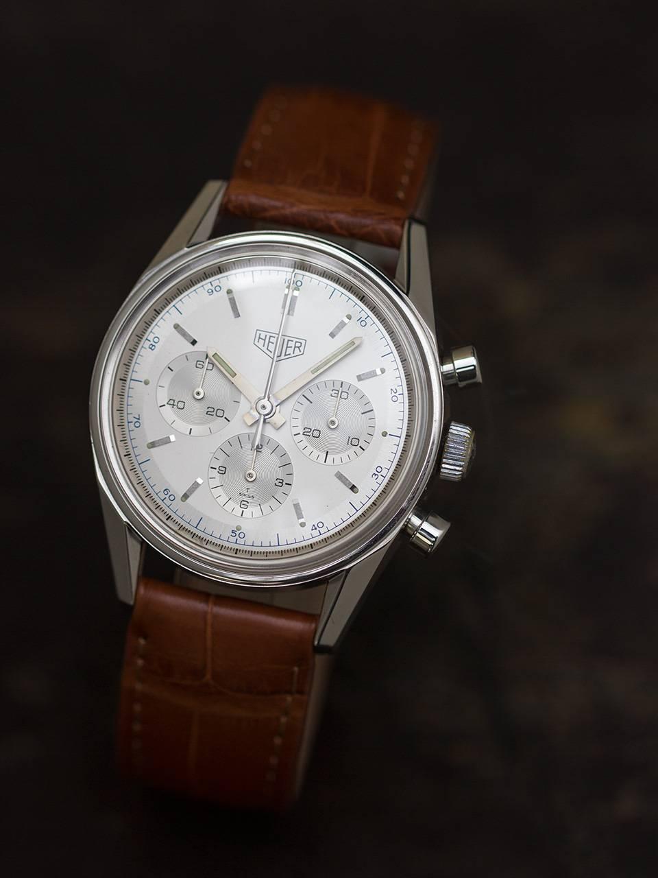 Heuer Carrera Stainless Steel 1964 Reissue Silvered Dial Manual Wind Wristwatch  In Excellent Condition In West Hollywood, CA