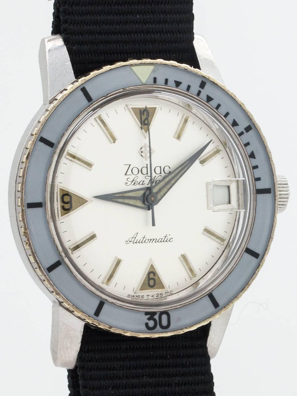 
Vintage 1960’s Zodiac Seawolf, popular diver’s model often associated with the Vietnam War and the U.S. Navy Seals. This is a very nice condition example, featuring a 35mm diameter case, gray bakelite elapsed time bezel, and very nice condition