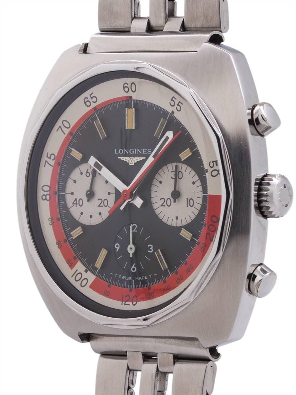 
Longines Conquest massive cushion case chronograph circa 1970’s. 43 X 44mm cut corner cushion shaped stainless steel case with screw down back, round pushers and sapphire crystal. Great looking original black, red, and white dial with stylized
