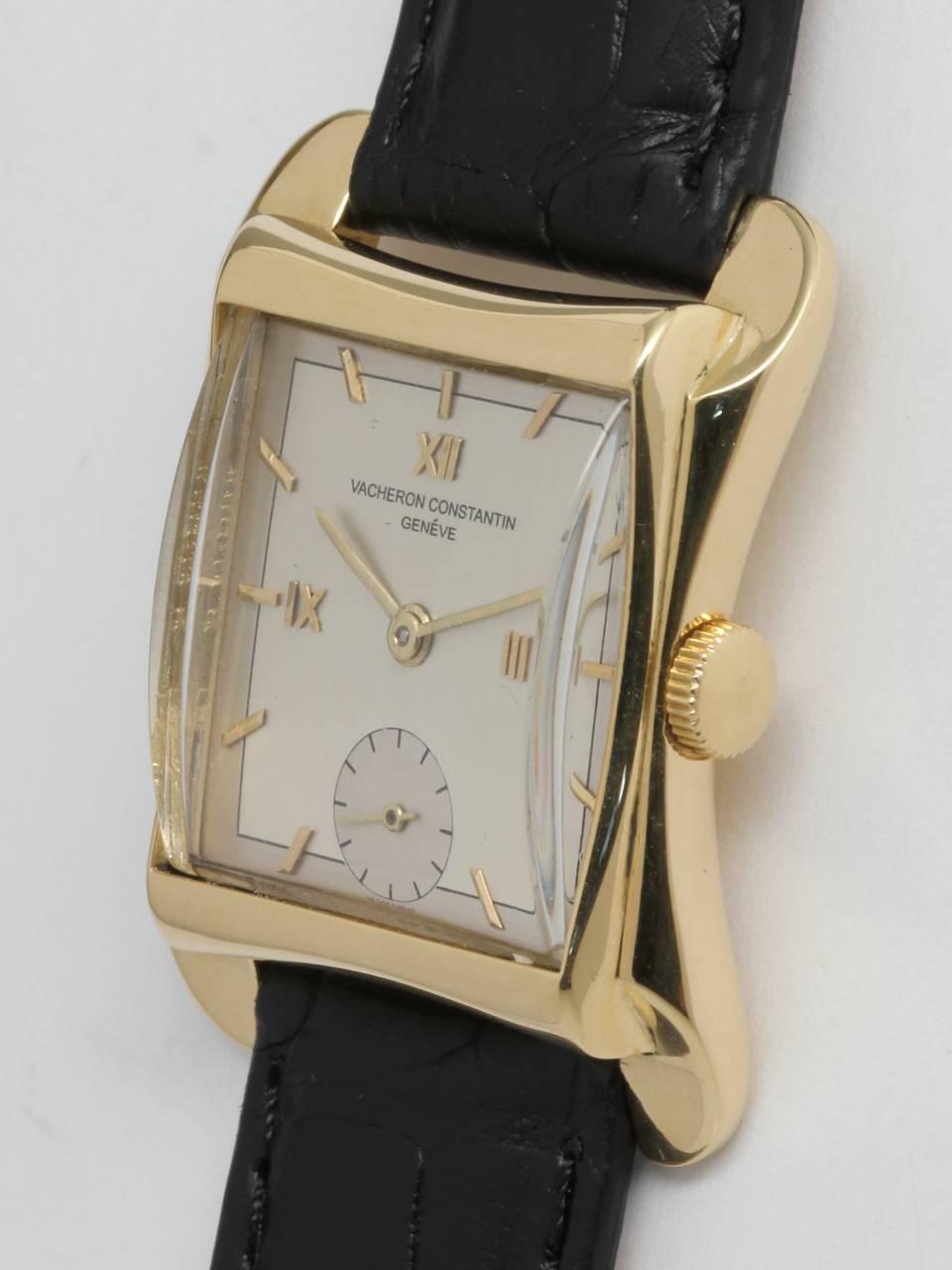 
Vacheron & Constantin 18K Yellow Gold Dress Model circa 1950’s. Unusual sculpted 27 X 34mm hourglass shaped case. Beautifully restored 2 tone satin dial with dome crystal, gold applied indexes and hands. Offered on your choice of fine leather