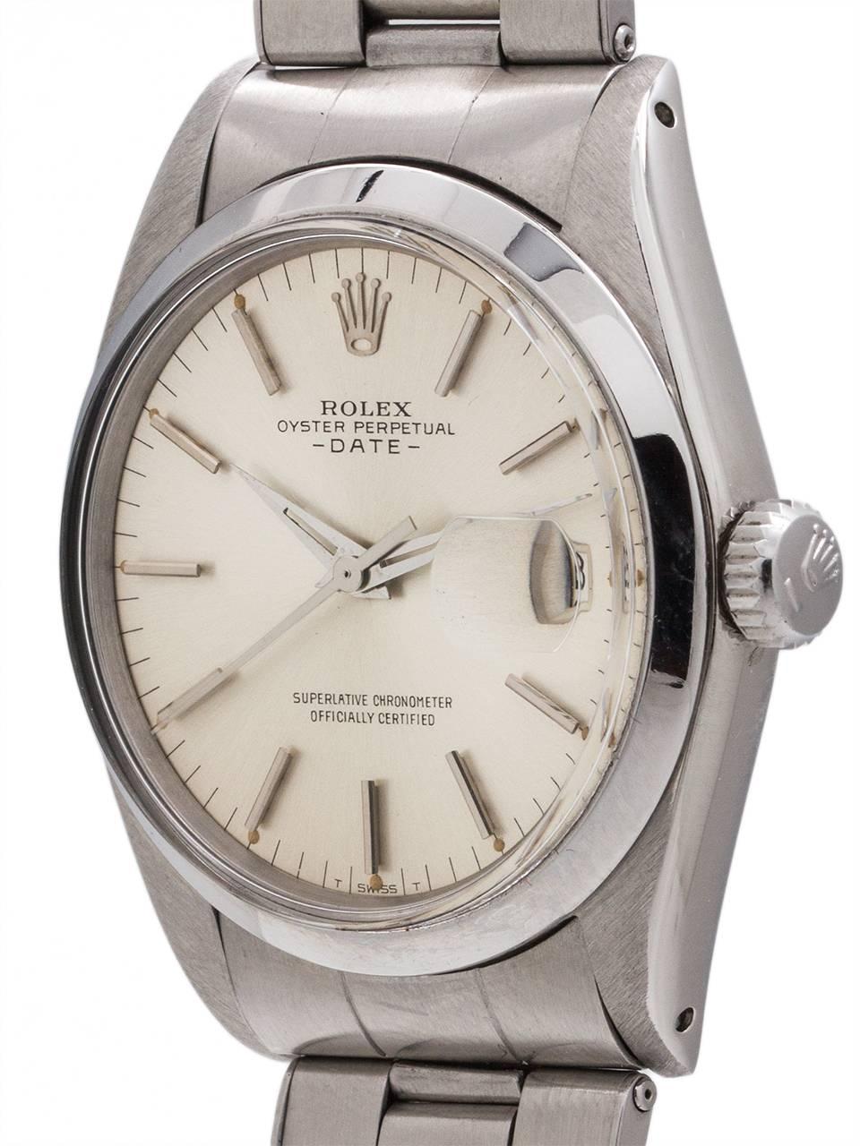 Rolex Stainless Steel Oyster Perpetual Date ref 1500 serial #1.1 million circa 1959. Featuring a 34mm diameter Oyster case with smooth bezel and acrylic crystal and silver dial with applied hour markers, and early style tapered sword hands. Powered