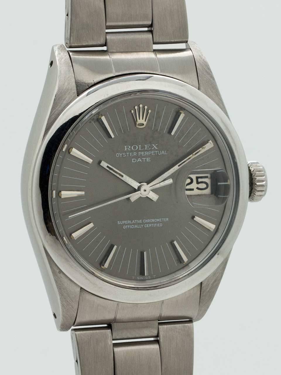 Rolex Oyster Perpetual Date ref 1501 circa 1971. Featuring 34mm diameter stainless steel case with smooth bezel and acrylic crystal. With scarce original gray “radial” dial. Powered by self winding caliber 1570 chronometer rated movement with sweep