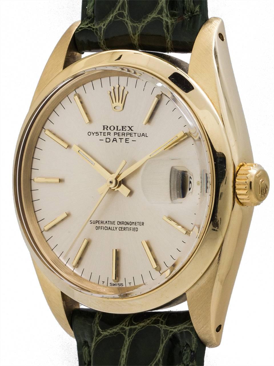
Vintage Rolex 14K YG ref 1500 serial # 1.8 million circa 19. Featuring 34mm diameter man’s size case with smooth bezel and acrylic crystal and beautiful original silvered satin dial with applied gold indexes and gilt baton hands. Powered by
