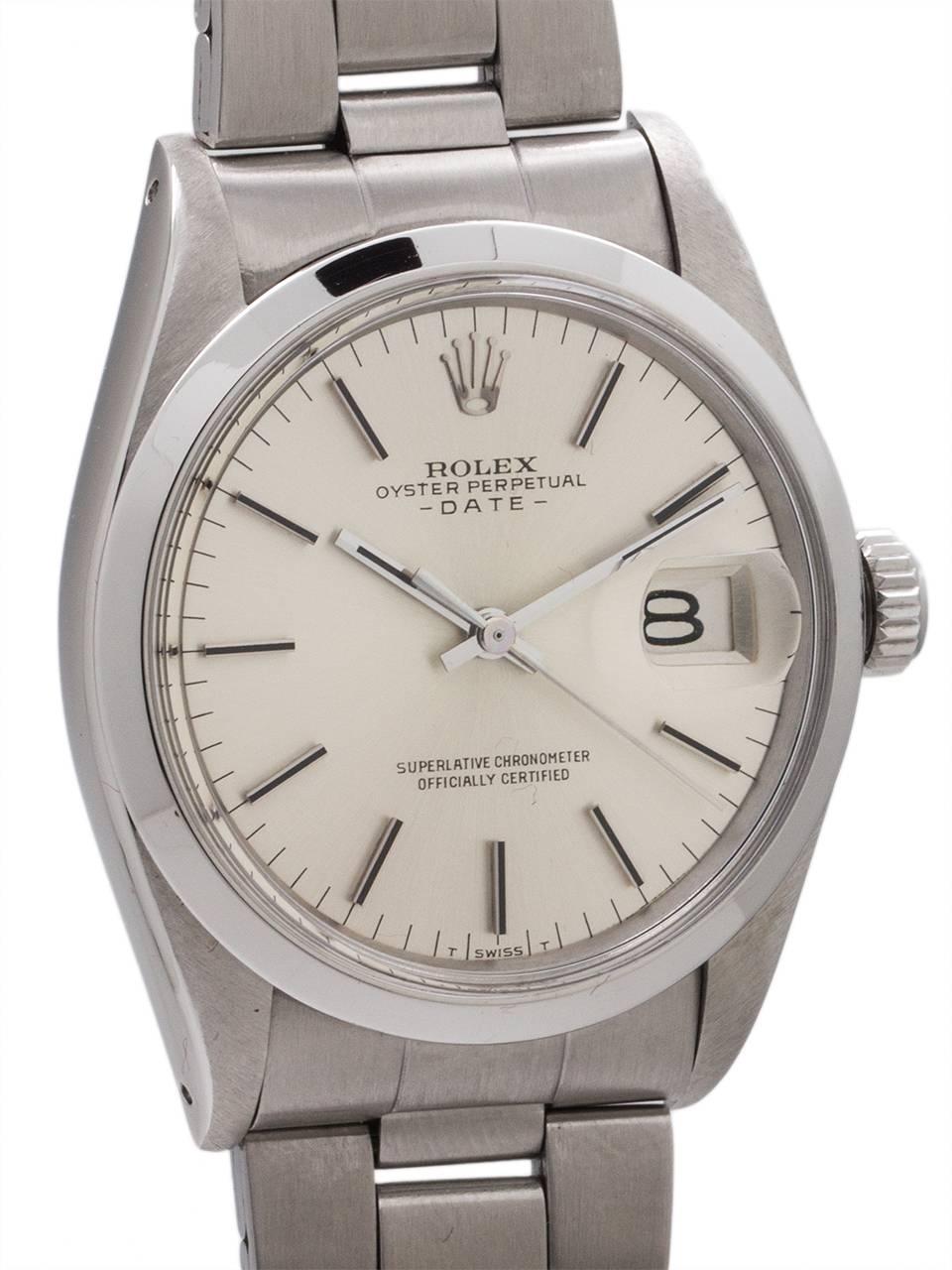 
Rolex stainless steel Oyster Perpetual Date ref 1500 serial# 2.7 million circa 1971. Featuring a 34mm diameter case with smooth bezel, acrylic crystal, and very pleasing condition original silvered satin dial with applied silver indexes and silver