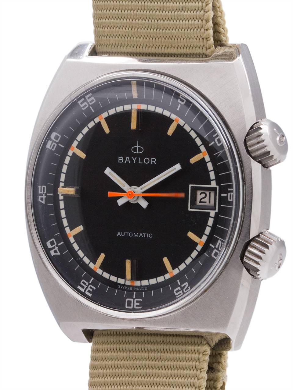 1970’s Swiss Baylor stainless steel Diver's model offered on a sporty NATO style strap. The color scheme may be the most interesting thing about this funky ’70’s diver. With a matte black dial, a thin white minute track with orange and yellow hour