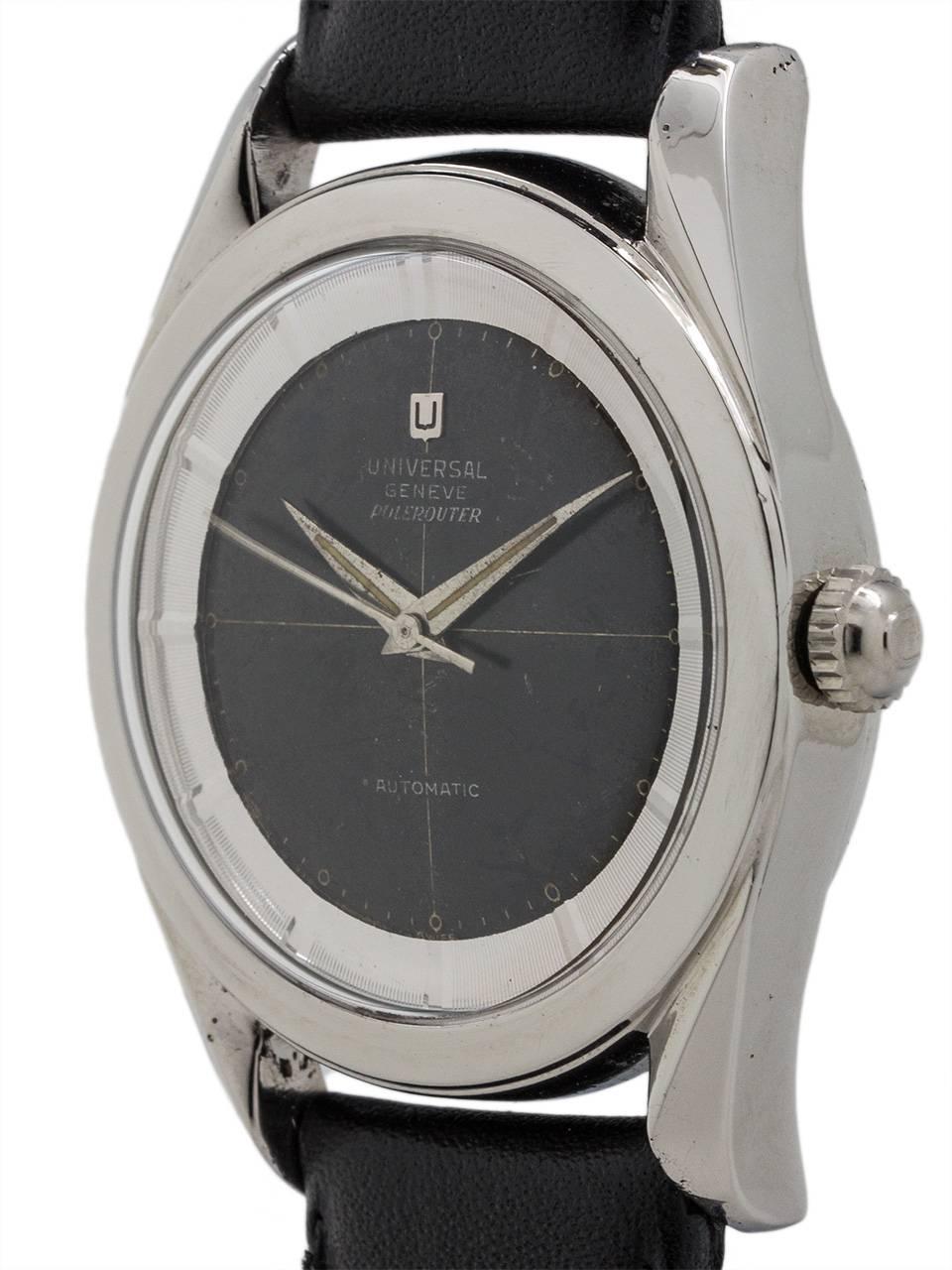 Universal stainless Steel Geneve Polerouter Black Dial Automatic Wristwatch In Excellent Condition In West Hollywood, CA