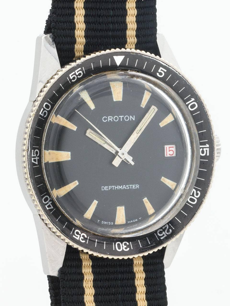 Vintage Croton diver’s model circa 1960’s. Featuring 35mm diameter case with bi-directional elapsed time bezel with acrylic crystal, and with original matte black dial with large tapered luminous indexes and match stick hands. Powered by self