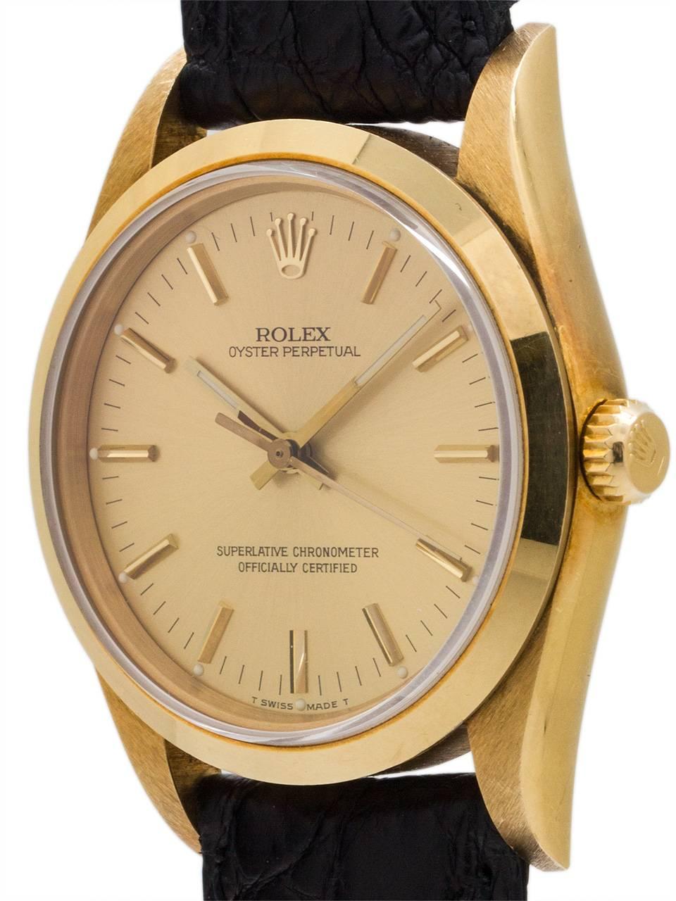 Rolex Yellow Gold Oyster Perpetual self winding Wristwatch, circa 1988 In Excellent Condition In West Hollywood, CA