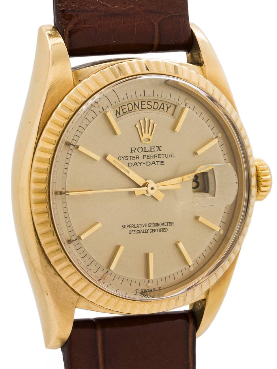 
An exceptionally pleasing example Rolex 18K gold Day Date ref 1803 serial #2.7 million circa 1971. Very nice condition 36mm diameter full size man’s model with acrylic crystal and with very little worn fluted bezel with very pleasing original matte