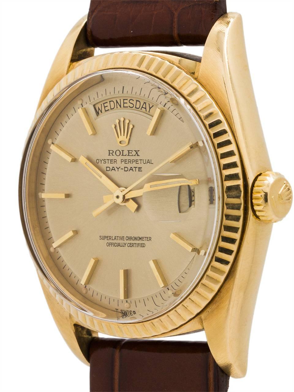 Rolex Yellow Gold Day Date Self Winding Wristwatch Ref 1803, circa 1971 In Excellent Condition In West Hollywood, CA