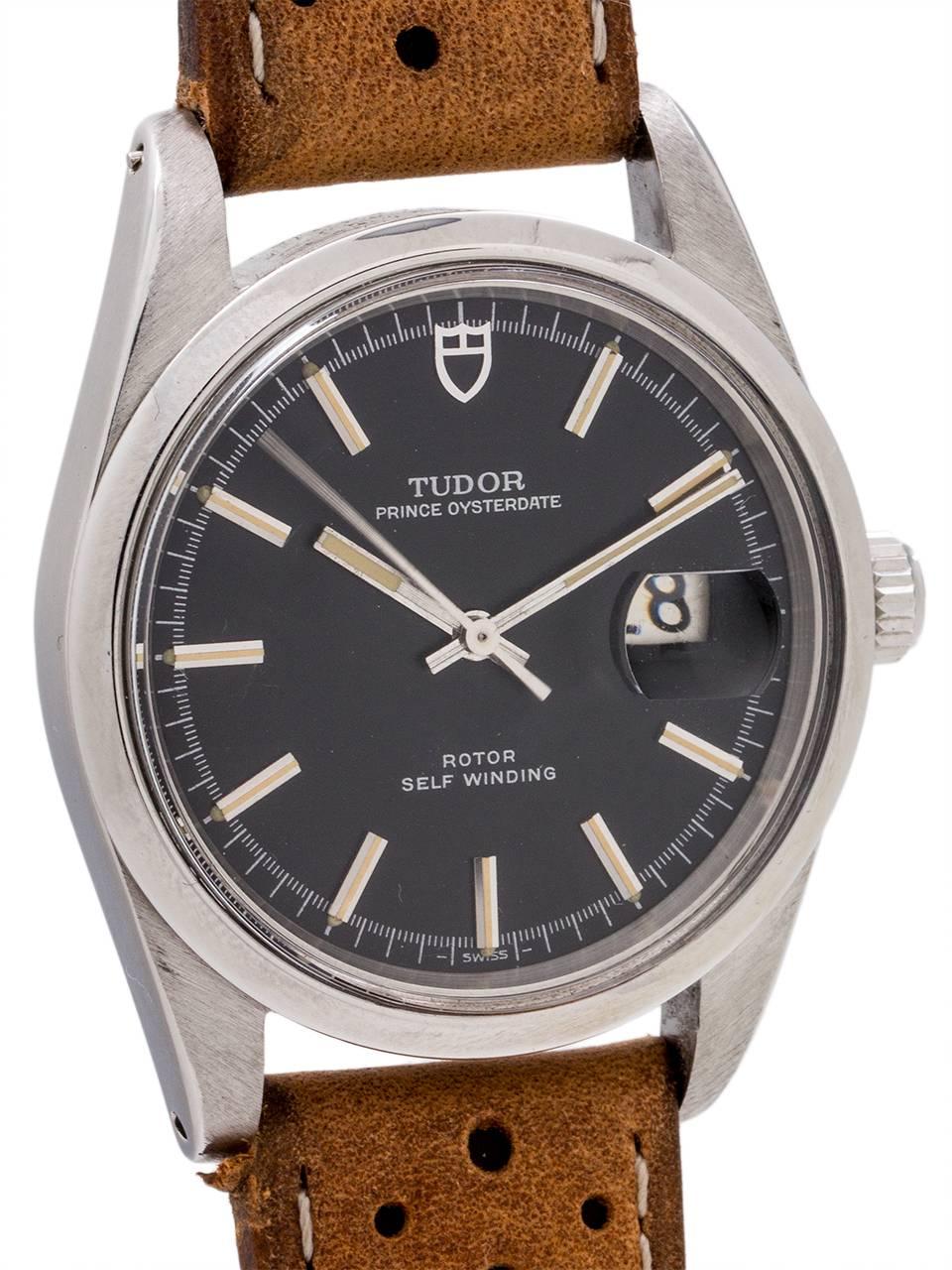 
Rare oversized Tudor Prince Oysterdate ref# 90800 circa 1978. The stainless steel case measures a large 38mm, making it perfect for a modern everyday watch. Acrylic crystal, and beautiful condition original black dial with applied silver indexes