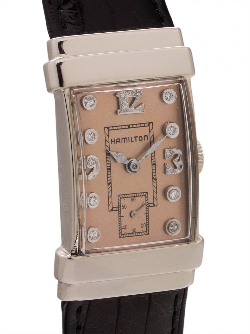 Hamilton White Gold Top Hat Diamond Dial manual wristwatch, circa 1950s In Excellent Condition In West Hollywood, CA