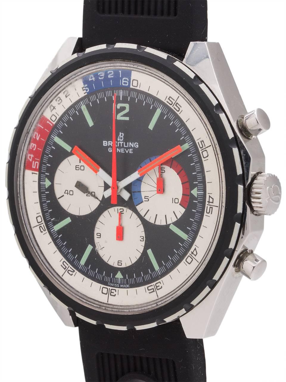 An exceptional condition example Breitling Co-Pilot Yachting Chronograph ref 7652 circa 1970’s. A striking, oversize 47mm diameter case model with exceptional condition case, bezel, dial, and movement. Powered by Venus calibre 178, 3 registers