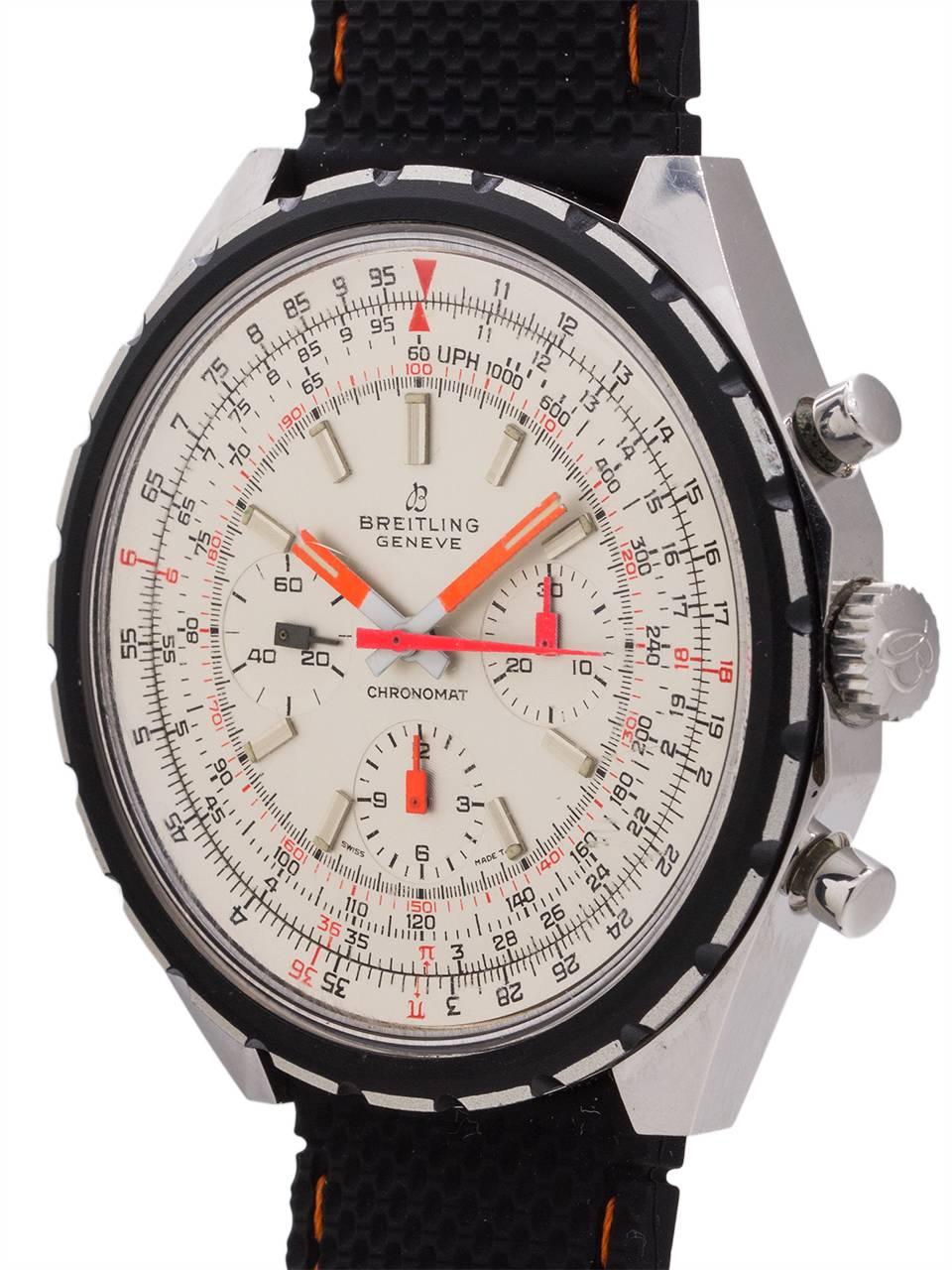 A rare and exceptional condition example Breitling stainless steel massive 48mm diameter Chronomat ref# 0818 circa 1970’s. Incredible original silvered dial with matching recessed silver registers, luminous markers, with black and orange markers.