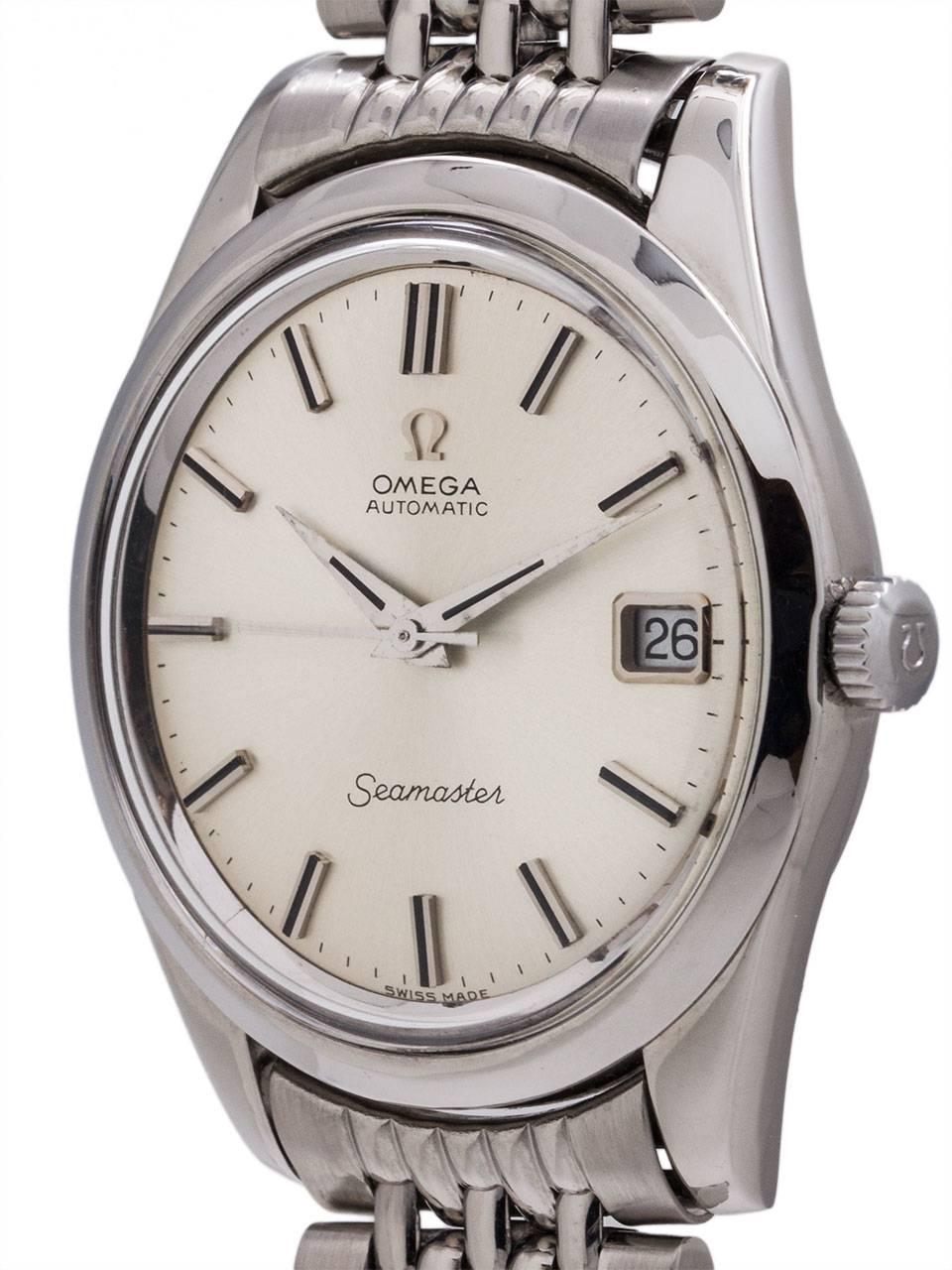 
Omega Stainless Steel Seamaster Automatic ref 166010 circa 1968. 36 x 43mm diameter case with smooth bezel and acrylic crystal. Signed Omega crown and embossed sea monster logo case back. Silvered satin dial with applied lindens and pointed hands.