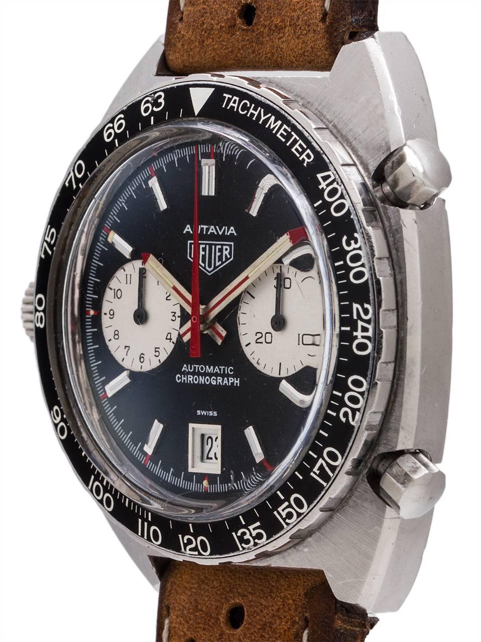 
Heuer Stainless Steel Autavia ref 1163V “Viceroy” model circa 1970. 2 registers automatic Cal 12 movement with setting at 9 0’clock. Great condition example with very sharp condition case, bezel and original dial and hands. Shown on high quality