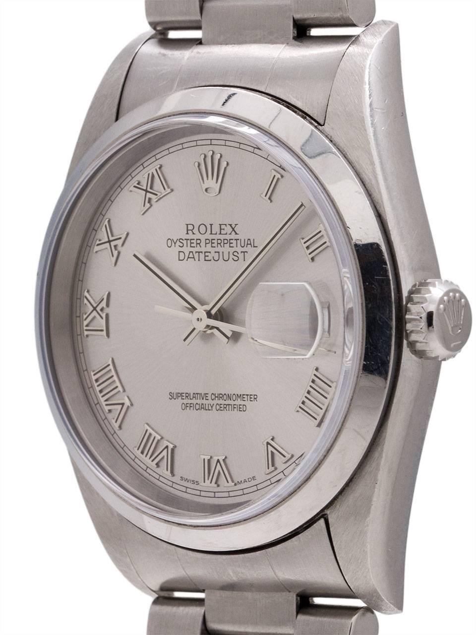 Rolex Rhodium Stainless Steel Datejust Roman self winding Wristwatch, circa 2003 In Excellent Condition In West Hollywood, CA
