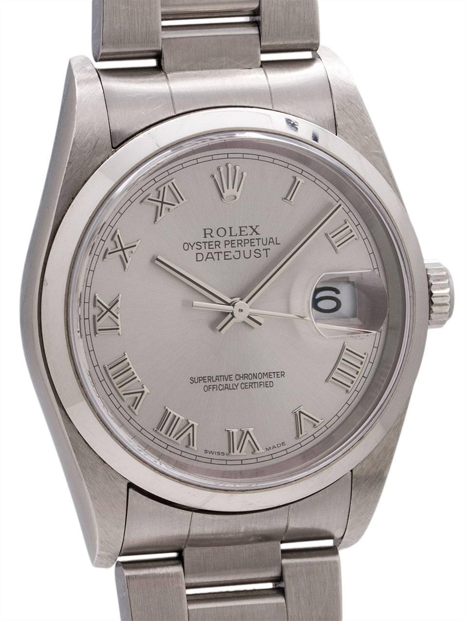 
Rolex Datejust stainless steel ref # 16200 serial# F5 circa 2003. Featuring 36mm diameter case with sapphire crystal and smooth bezel, original Roman Rhodium dial with applied heavy Roman indexes and silver baton hands. Powered by self winding