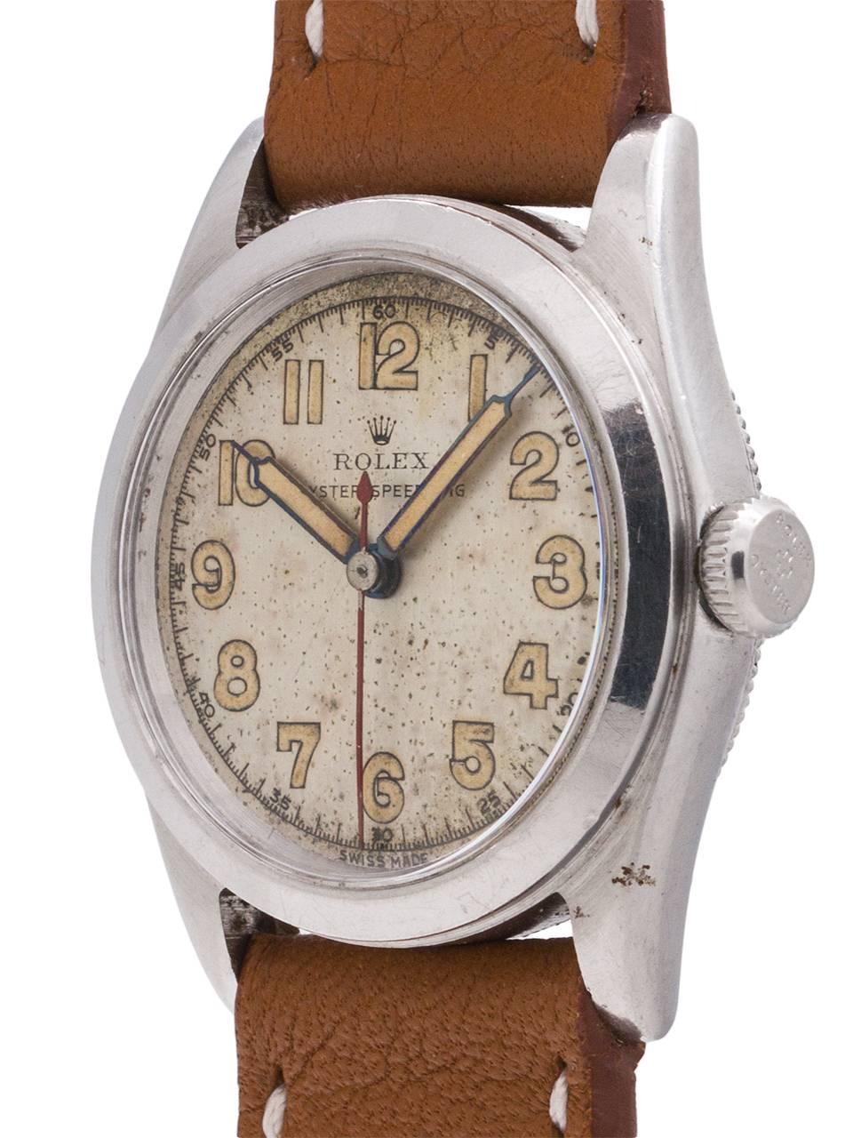
Rolex Speedking boy’s size 31mm Oyster case circa 1942 with pleasing original matte silvered dial with original patina’d luminous indexes and matching luminous pencil style hands. Powered by 17 jewel manual wind movement with sweep red seconds