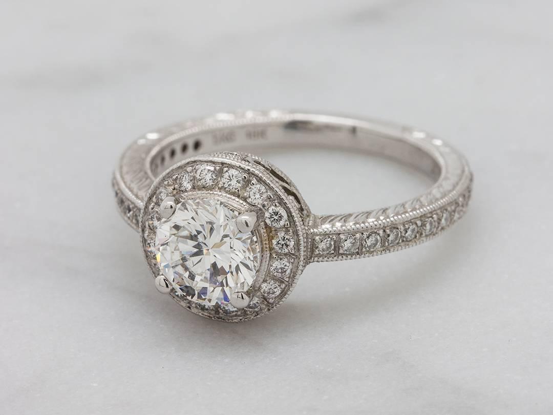 18K White Gold Engraved Pave Diamond Engagement Ring Certified 1.03ct E-SI1  In Excellent Condition For Sale In West Hollywood, CA