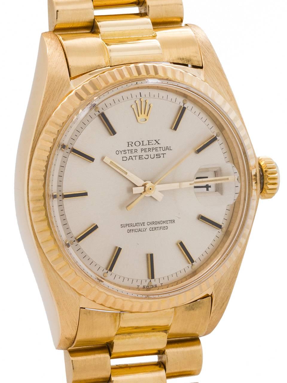 
Vintage Rolex 18K YG Datejust ref# 1601 serial number 3.4 million circa 1972. Featuring a 36mm diameter Oyster case with fluted bezel, acrylic crystal and signed screw down crown. With exceptionally clean, original silver satin dial with applied