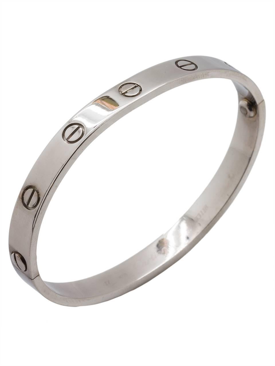 
Stunning, classic Cartier 18K white gold “Love Bracelet” size 17 in excellent preowned condition. Size 17 is one of the most popular sizes for a woman’s wrist. Of course guaranteed genuine.

SKU: 48702
