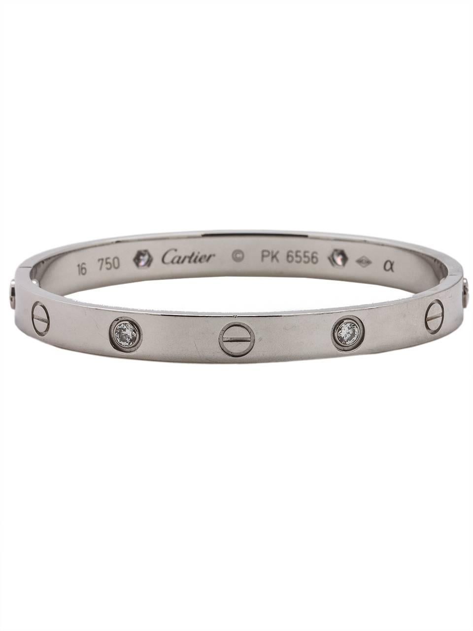 
Gorgeous Cartier 18K white gold Diamond “Love Bracelet” size 16 in excellent condition. Size 16 is one of the most popular sizes for a woman’s wrist. Of course guaranteed genuine.

SKU: 48704
