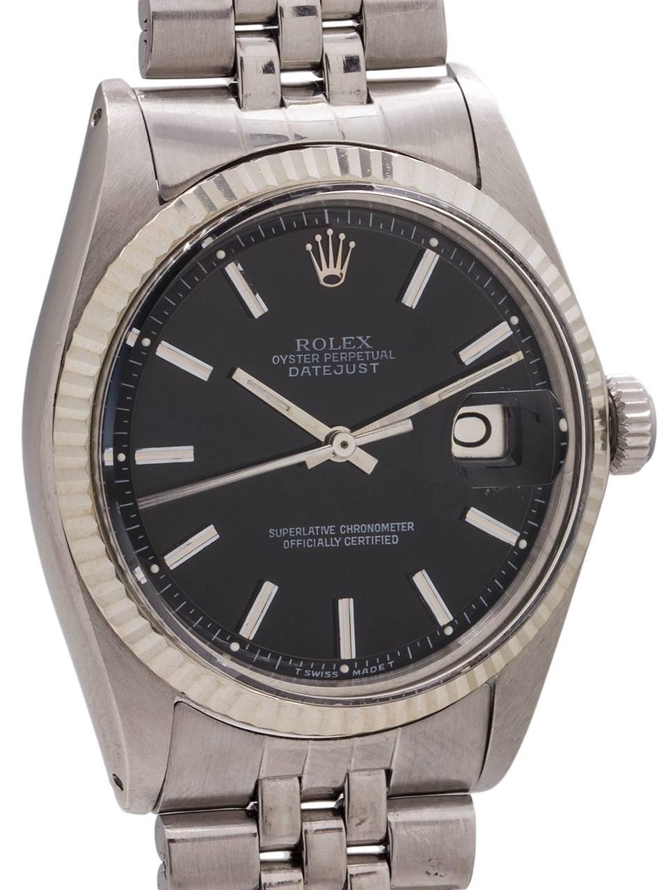 Rolex white gold Datejust Black Pie Pan Dial self winding wristwatch, c1977 In Excellent Condition In West Hollywood, CA