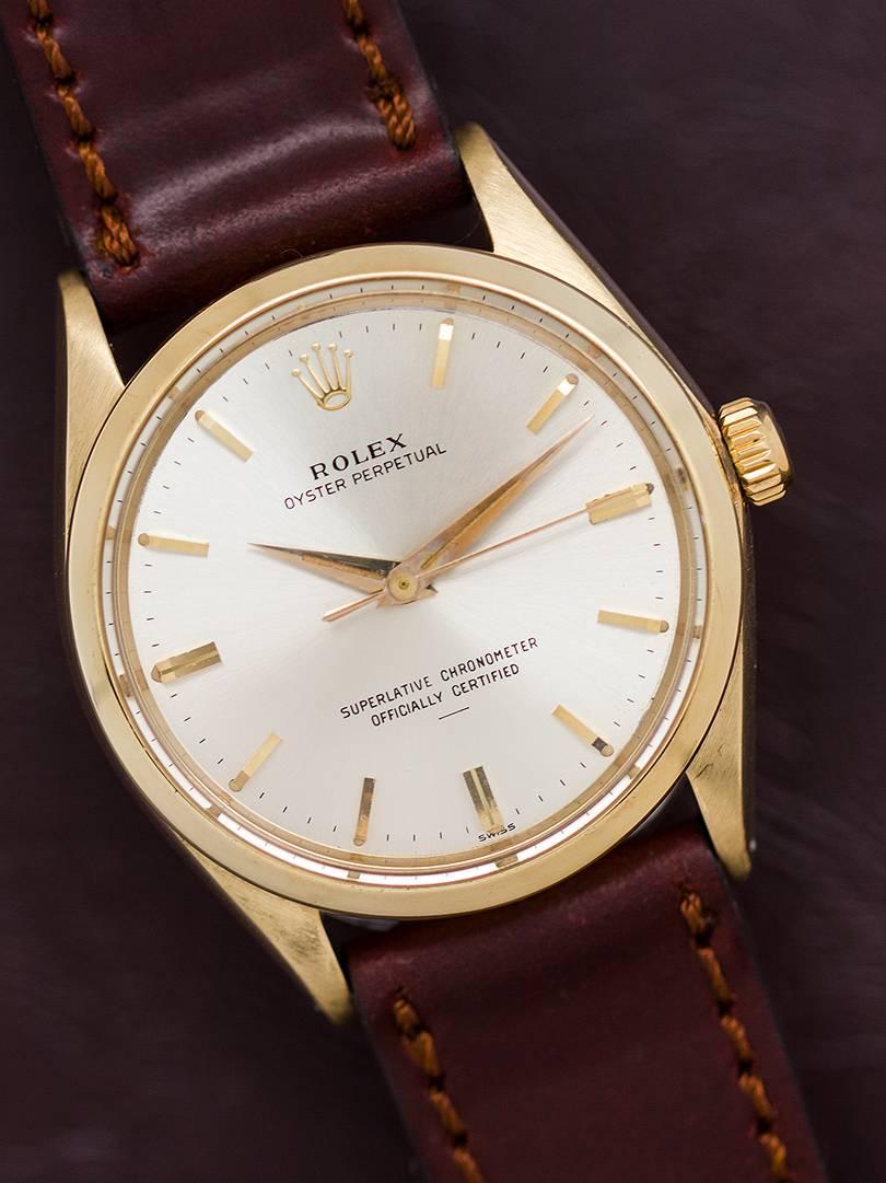 Rolex yellow gold Oyster Perpetual “Underline” Dial self winding wristwatch In Excellent Condition For Sale In West Hollywood, CA