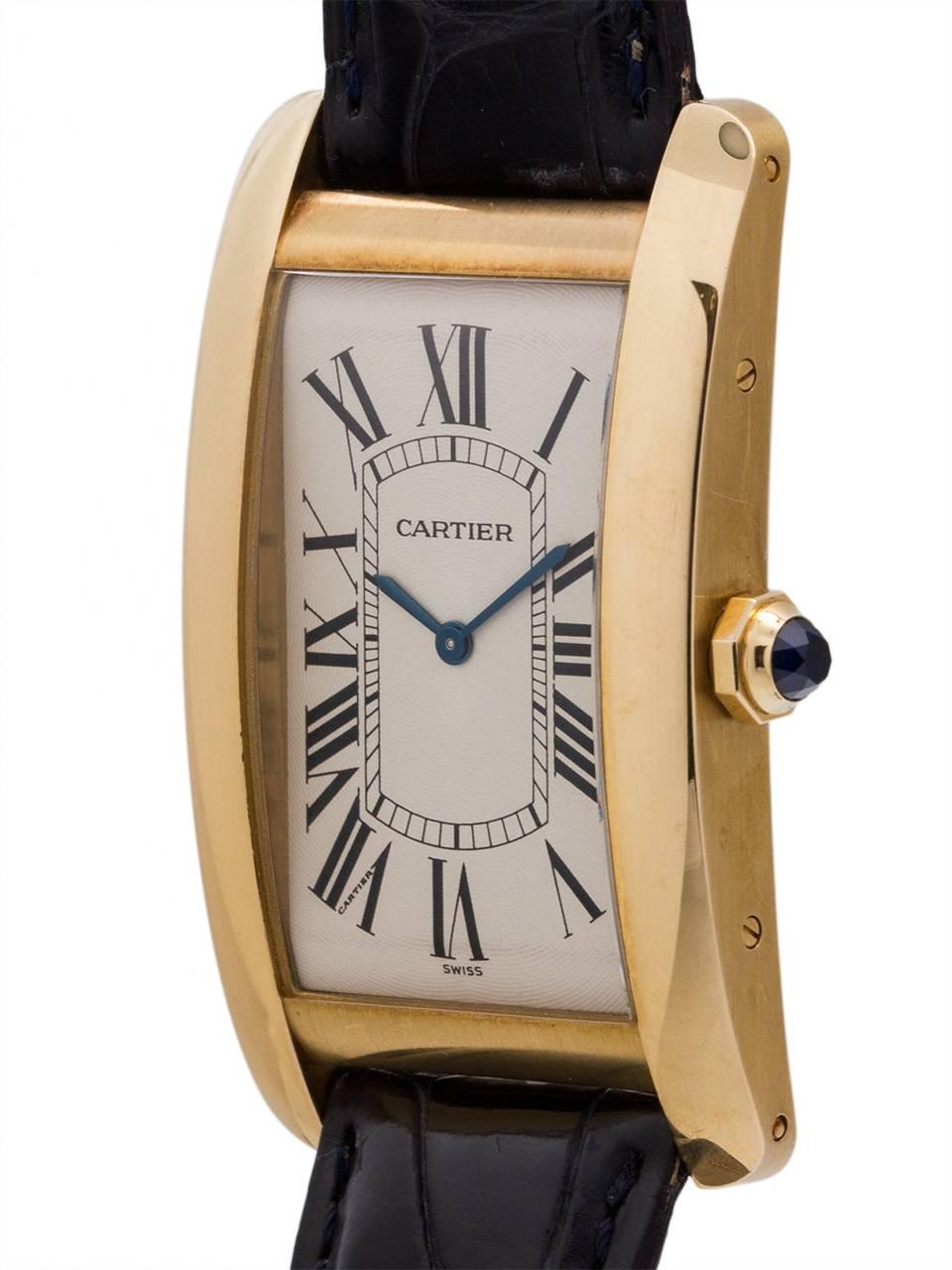 
Man’s large size Cartier Tank American (Americaine) 18K YG circa 1990’s. Featuring oversize 28 x 46mm case with wide polished bezel, curved sapphire crystal, original antique white dial with classic oversize Roman numerals, and powered by 17 jewel