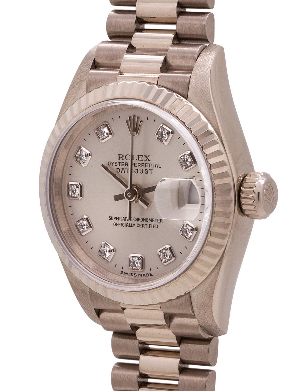 Round Cut New Old Stock Lady Rolex President Ref 79179 18 Karat White Gold, circa 1999 For Sale