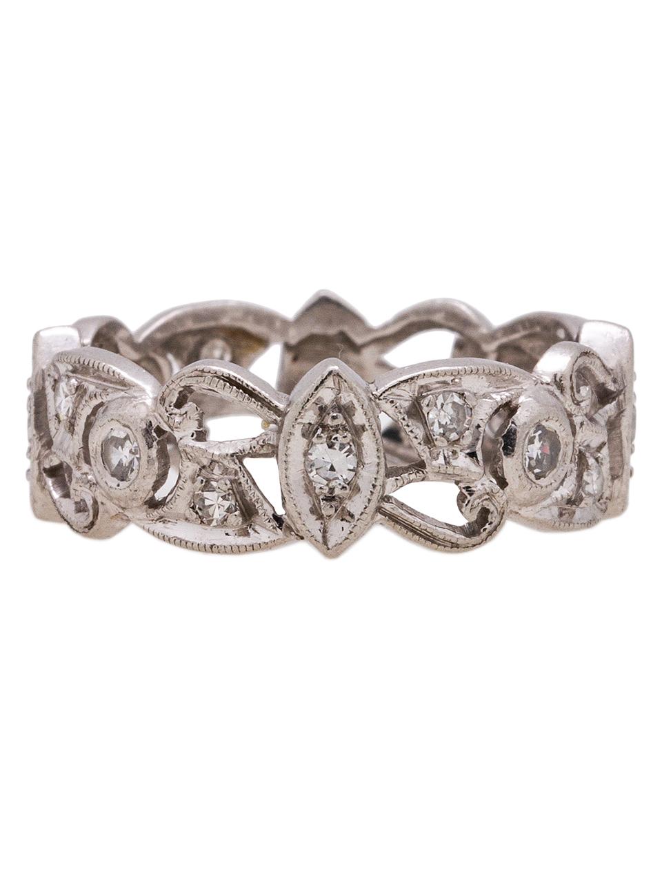 Stunning vintage wide diamond eternity band with 0.32ct single cuts, G-H/VS-SI. Lovely flowing floral retro design with marquise and round settings. Size 7.5, cannot adjust ring size. Circa 1940's.

SKU: 42468