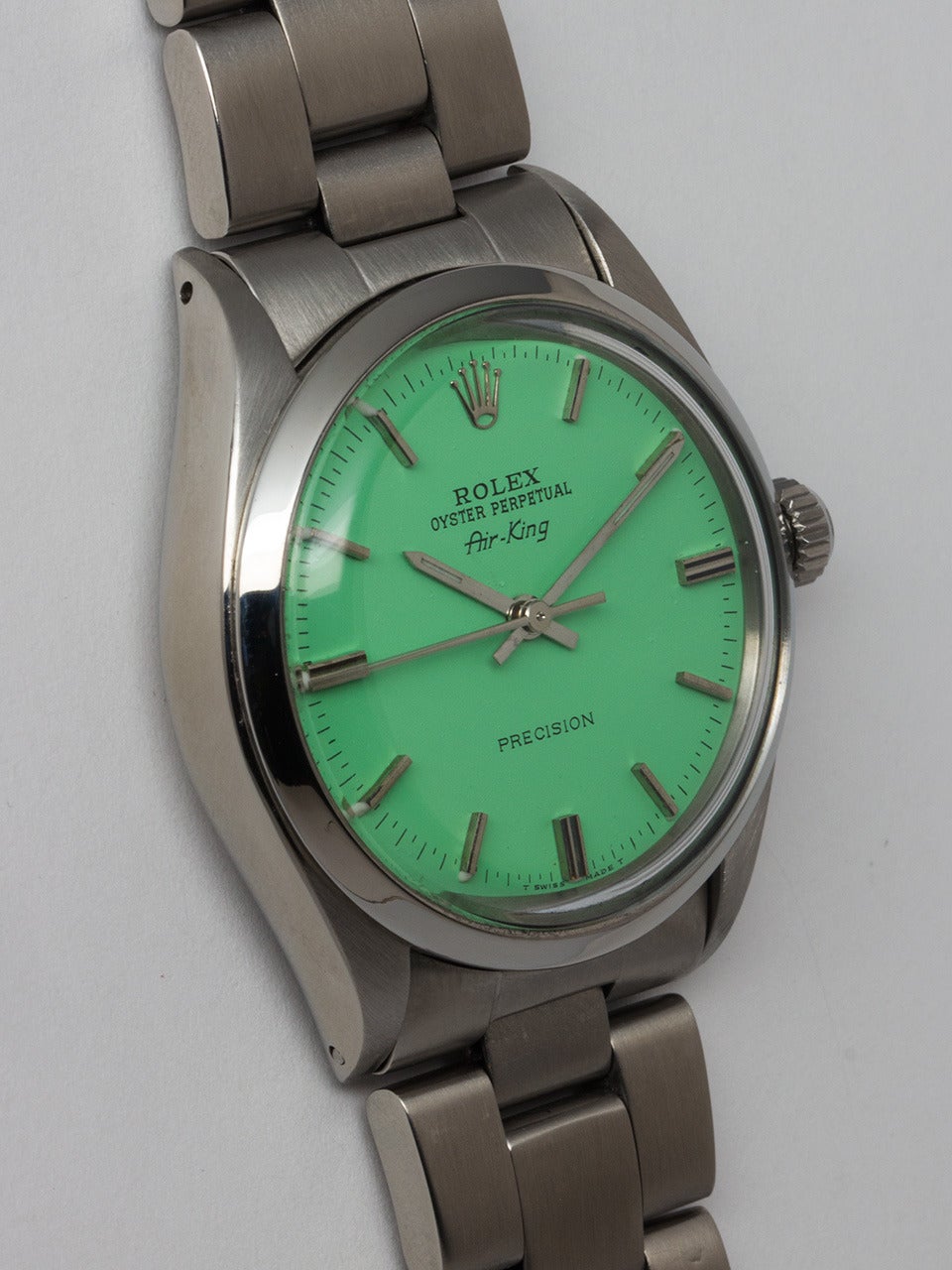 Rolex Stainless Steel Airking Wristwatch ref 5500 serial# 3.9 million circa 1974. 34mm Oyster case with smooth bezel and acrylic crystal. Bright custom colored Mint Green dial with applied silver indexes and hands. Powered by caliber 1520 self