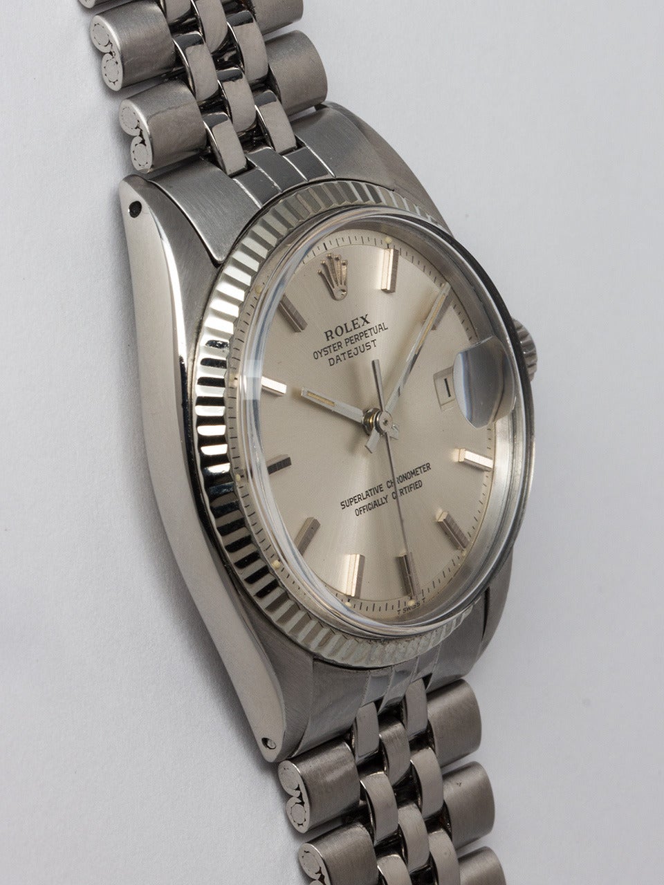 Rolex Stainless Steel Datejust Wristwatch ref 1601 serial #3.0 million circa 1971. 36mm Oyster case with 14K white gold fluted bezel and acrylic crystal. Pristine and brilliant original silvered satin pie pan dial with applied silver indexes and